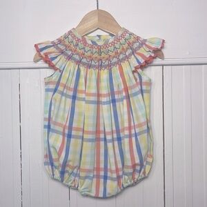 DELANEY NWOT Pastel Striped Smocked Ruffle Ric Rac Sleeve Bubble
